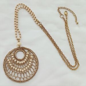 Vintage Elegant Gold and Cream Pendant Boho  Necklace Threaded and Beaded Round